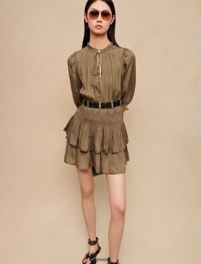 Riietus ee Maje naised satiinist kleit smokkide ja volangidega khaki 6FH8Z4126 - Image 3