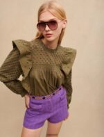 Riietus ee Maje naised tikitud volangidega puuvillane topp khaki 6FH8Z4269 - Image 3
